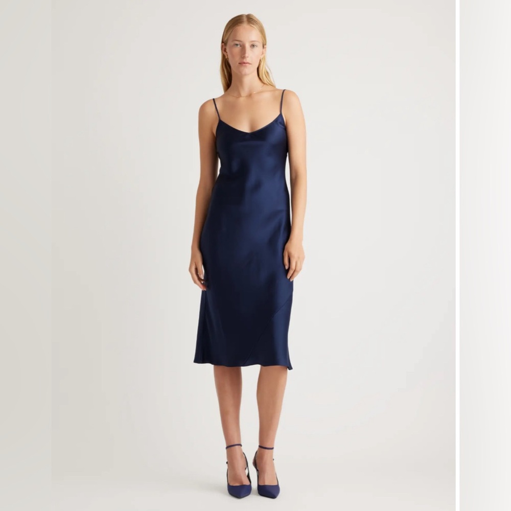 Quince 100% Washable Silk Slip Dress S Navy